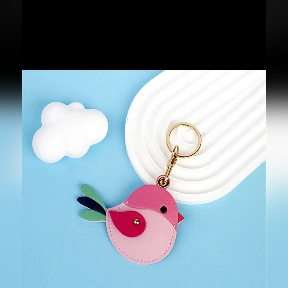 Colorful Pink Bird Vegan Leather Air Tag Holder Keychain with Braided Strap NWOT - Picture 8 of 9